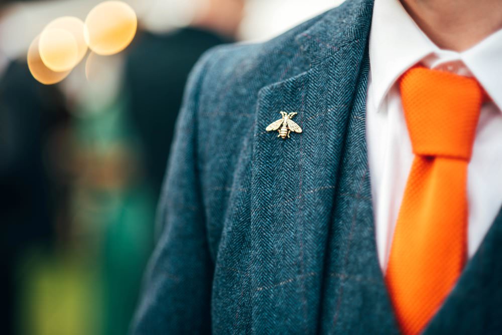 Groom Suit Blue Tweed Orange Tie Bee Pin Lapel Outdoor DIY Wedding Three Flowers Photography
