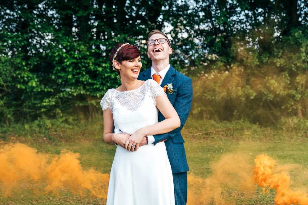 Outdoor DIY Wedding Three Flowers Photography Orange Smoke Bomb Photo Photos Photographs
