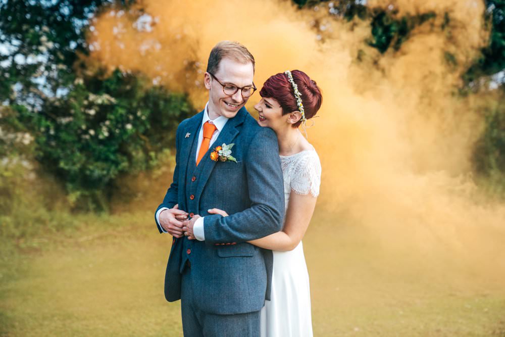 Outdoor DIY Wedding Three Flowers Photography Groom Suit Blue Tweed Orange Tie