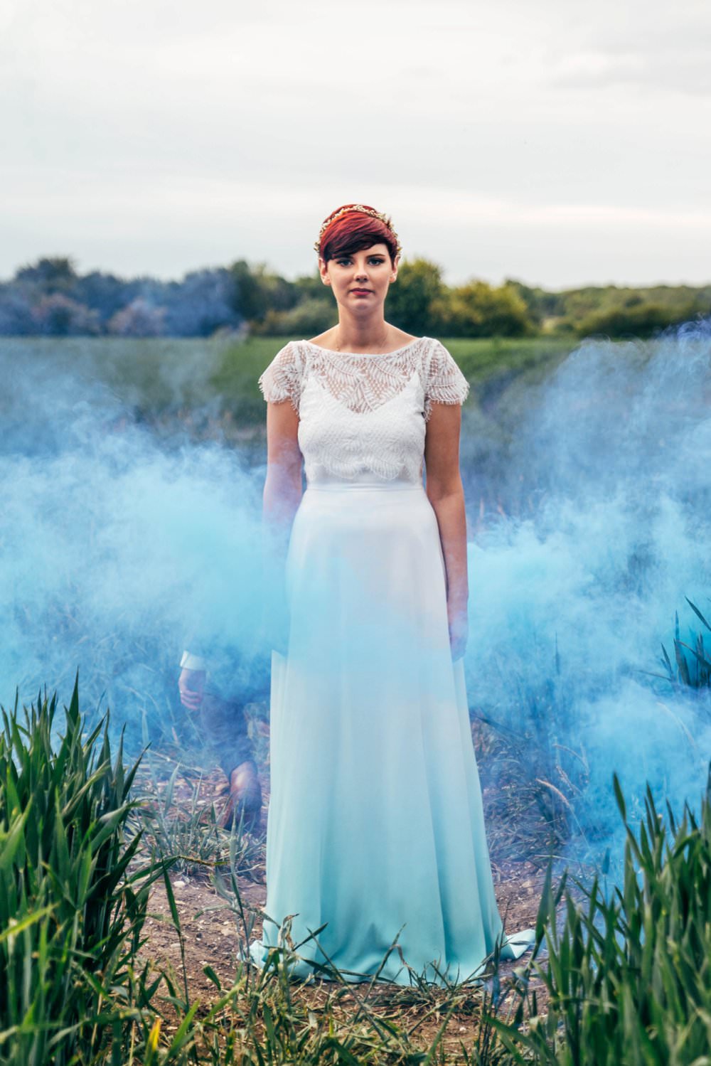 Bride Bridal Dress Gown Alternative Dip Dye Blue Colour Colourful Outdoor DIY Wedding Three Flowers Photography