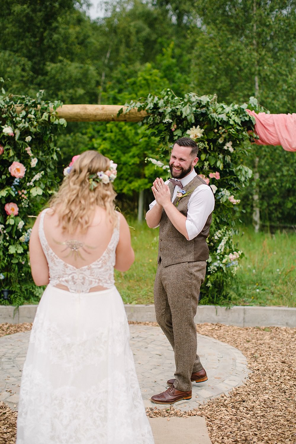 Groom Suit Tweed Waistcoat Ceremony Flowers Arch Aisle Meadow Wild Natural Flower Installation Pew End Pet Wedding Ideas Vicky Plum Photography