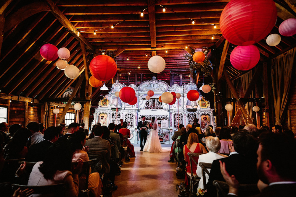 Bride Bridal V Neck A Line Dress Lace Overlay Blue Suit Groom Red Pink Paper Lanterns Preston Court Wedding The Last Of The Light