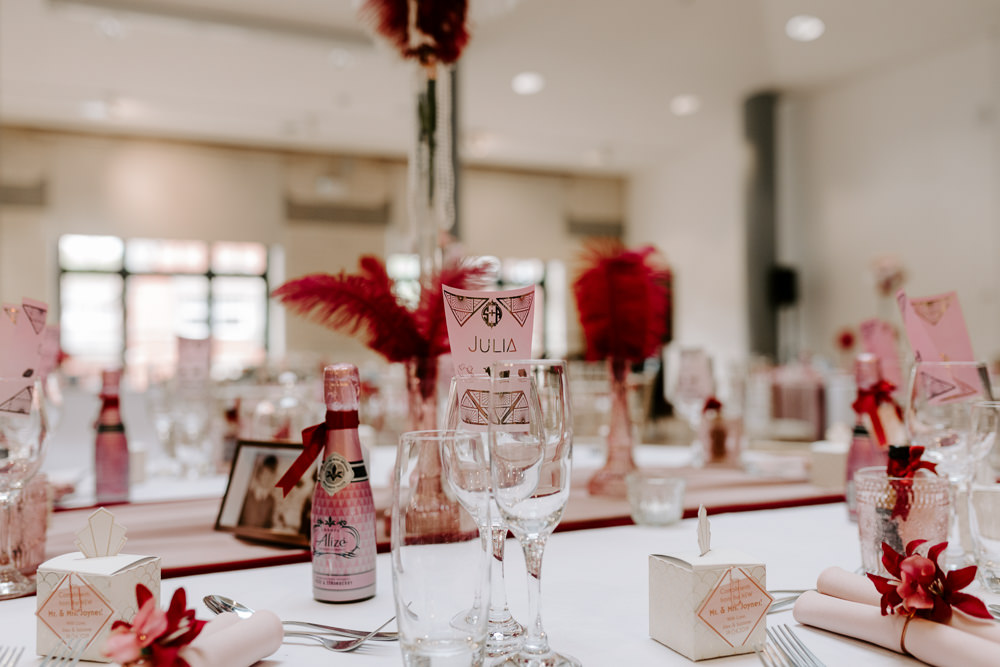 1920s Art Deco Table Decor Pink Feathers Miniature Champagne Pumping House Wedding Jo Greenfield Photographer