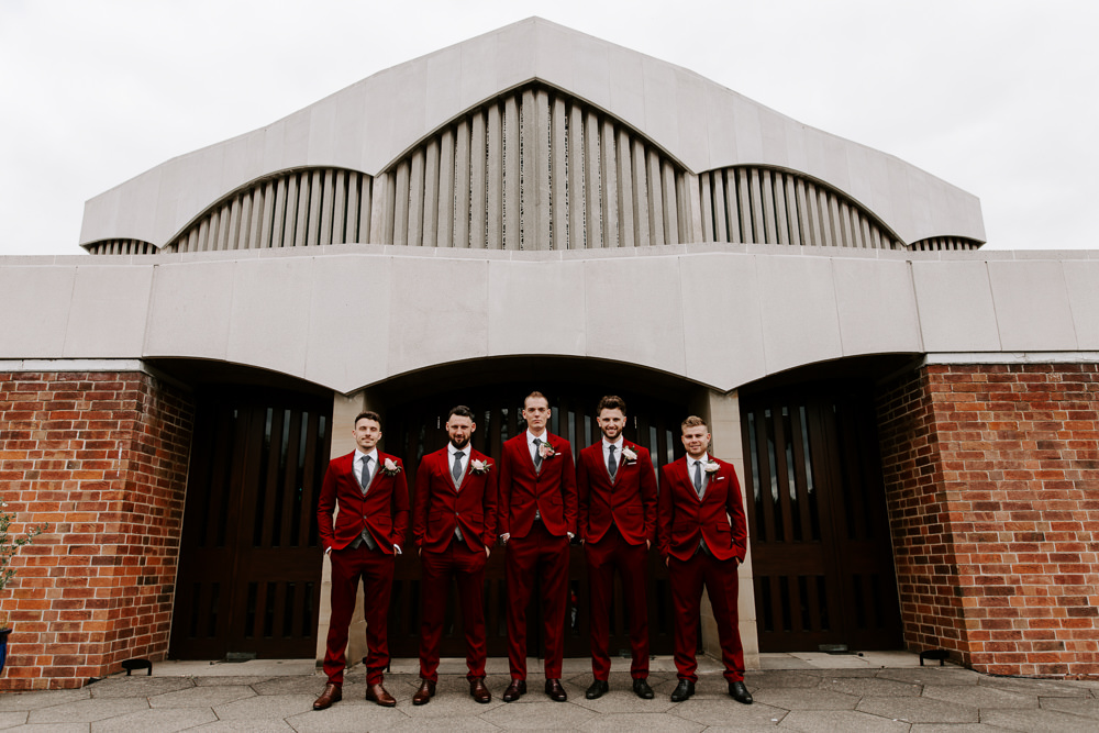 Burgundy Groom Groomsmen Waistcoat Suit Three Piece Pumping House Wedding Jo Greenfield Photographer