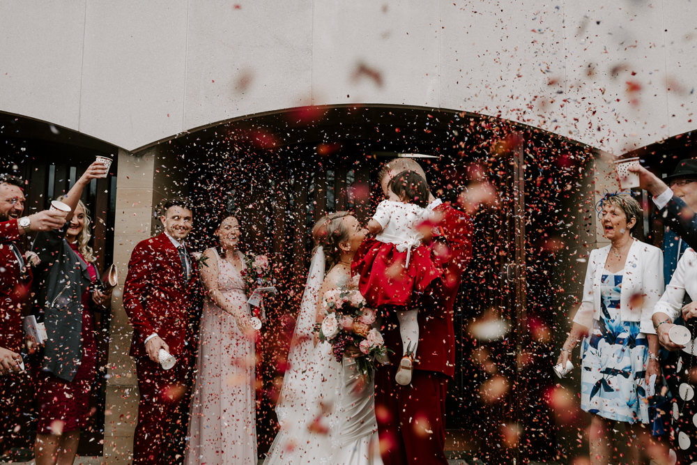 Bride Bridal Sweetheart Neckline Pearl Headpiece Burgundy Suit Waistcoat Groom Veil Confetti Pumping House Wedding Jo Greenfield Photographer