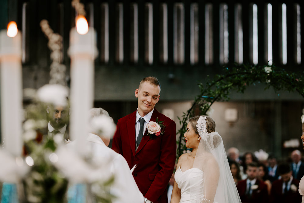Bride Bridal Sweetheart Neckline Pearl Headpiece Burgundy Suit Waistcoat Groom Veil Pumping House Wedding Jo Greenfield Photographer