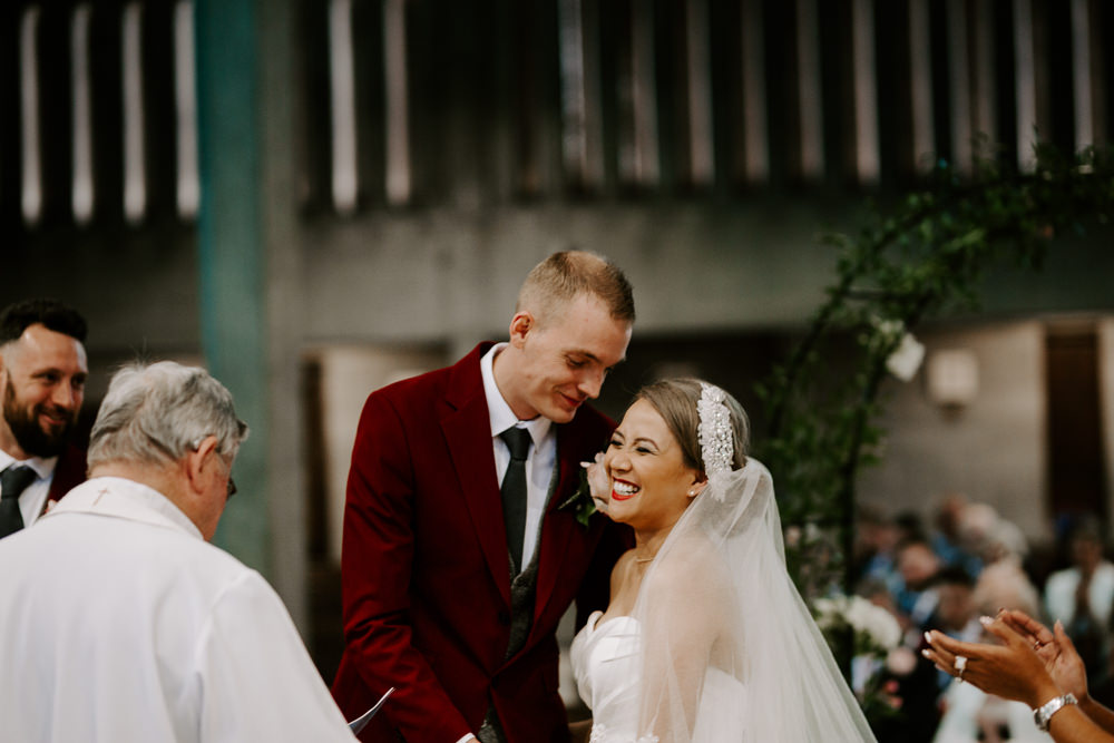 Bride Bridal Sweetheart Neckline Pearl Headpiece Burgundy Suit Waistcoat Groom Veil Pumping House Wedding Jo Greenfield Photographer