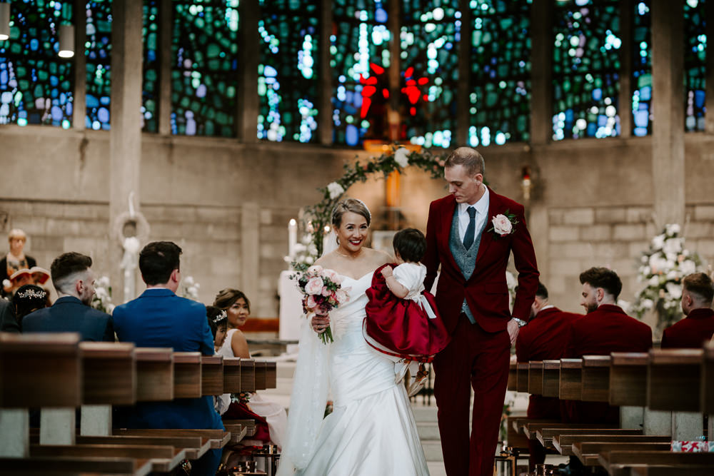 Bride Bridal Sweetheart Neckline Pearl Headpiece Burgundy Suit Waistcoat Groom Veil Flower Girl Crimson Pumping House Wedding Jo Greenfield Photographer
