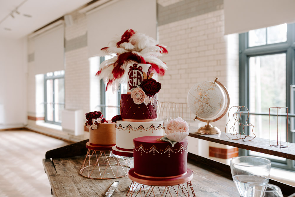 Burgundy Pink Three Tier Cake Feathers Copper Rose Gold Stand Pumping House Wedding Jo Greenfield Photographer