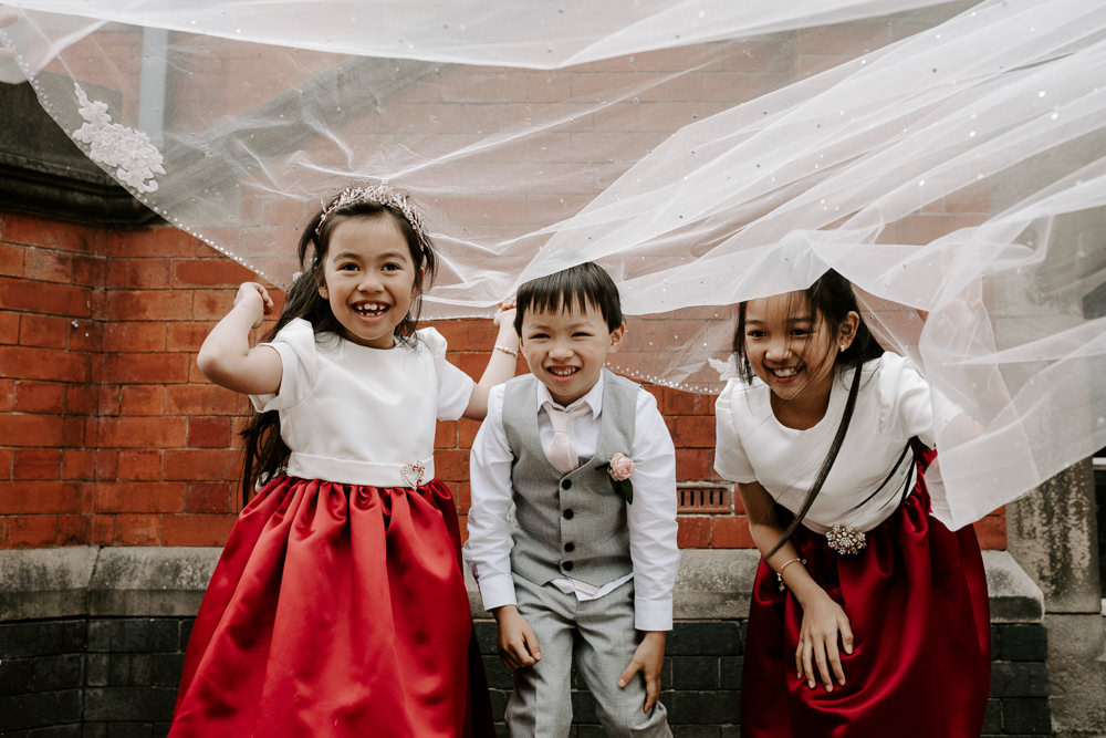 Page Boy Flower Girls Crimson Dress Skirt Veil Pumping House Wedding Jo Greenfield Photographer