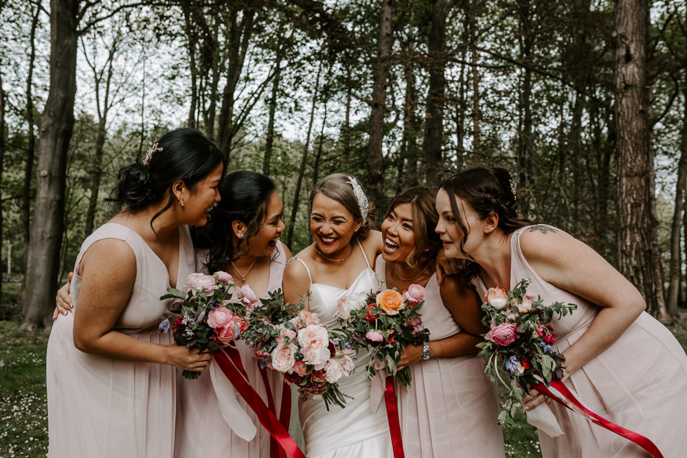 Pink Bridesmaids Strappy Bride Bridal Dress Gown Pearl Hairpiece Bouquet Ribbon Pumping House Wedding Jo Greenfield Photographer