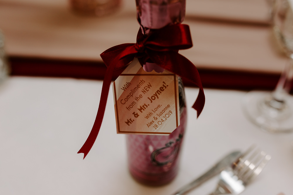 Favour Miniature Champagne Organza Ribbon Pumping House Wedding Jo Greenfield Photographer