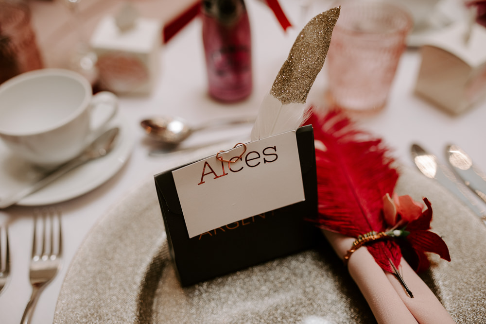 Place Card Glitter Charger Plate Feather Pumping House Wedding Jo Greenfield Photographer
