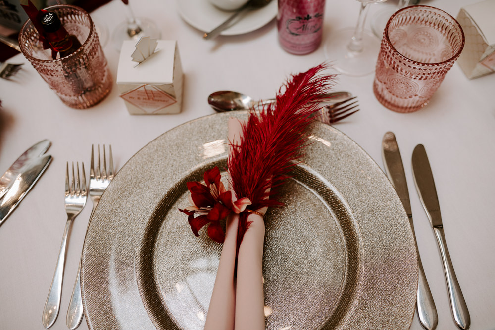 Glitter Charger Plate Napkin Feather Pink Place Setting Pumping House Wedding Jo Greenfield Photographer