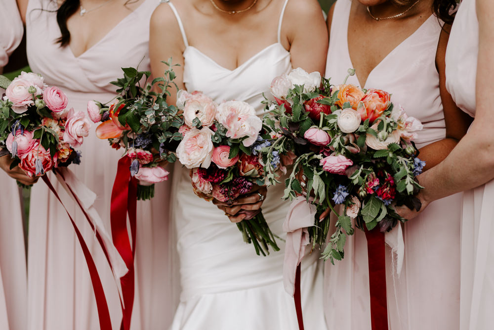 Bride Bridal Bridesmaids Bouquet Pink Burgundy Ribbon Pumping House Wedding Jo Greenfield Photographer
