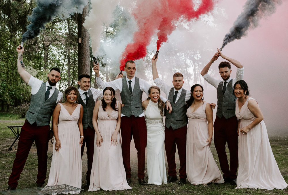 Smoke Bomb Portrait Waistcoat Groom Groomsmen Pink V Neck Bridesmaids Halterneck Bride Bridal Dress Gown Pumping House Wedding Jo Greenfield Photographer