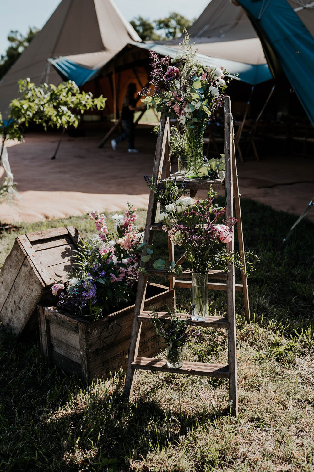 Wooden Ladder Decor Decoration Flowers Crates Village Tipi Wedding Ryan Goold Photography