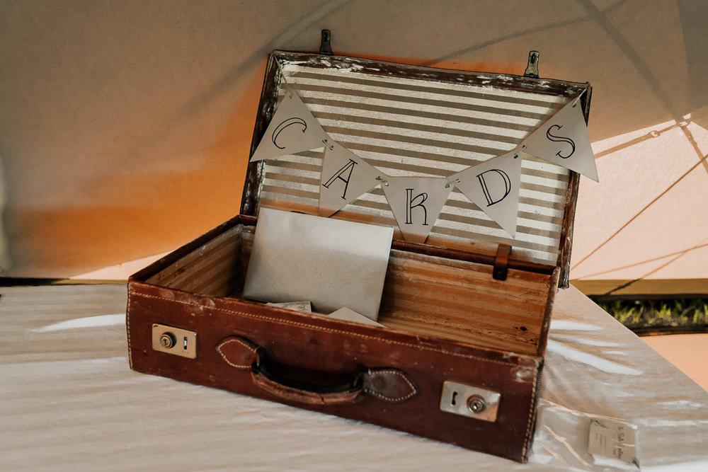 Vintage Suitcase Cards Village Tipi Wedding Ryan Goold Photography