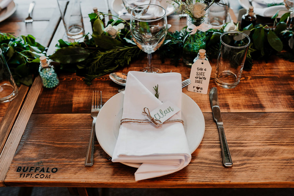 Place Setting Napkin Twine Calligraphy Name Village Tipi Wedding Ryan Goold Photography