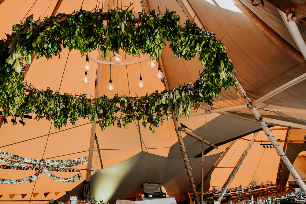 Greenery Foliage Hoop Suspended Hanging Decor Decoration Light Bulbs Lighting Village Tipi Wedding Ryan Goold Photography
