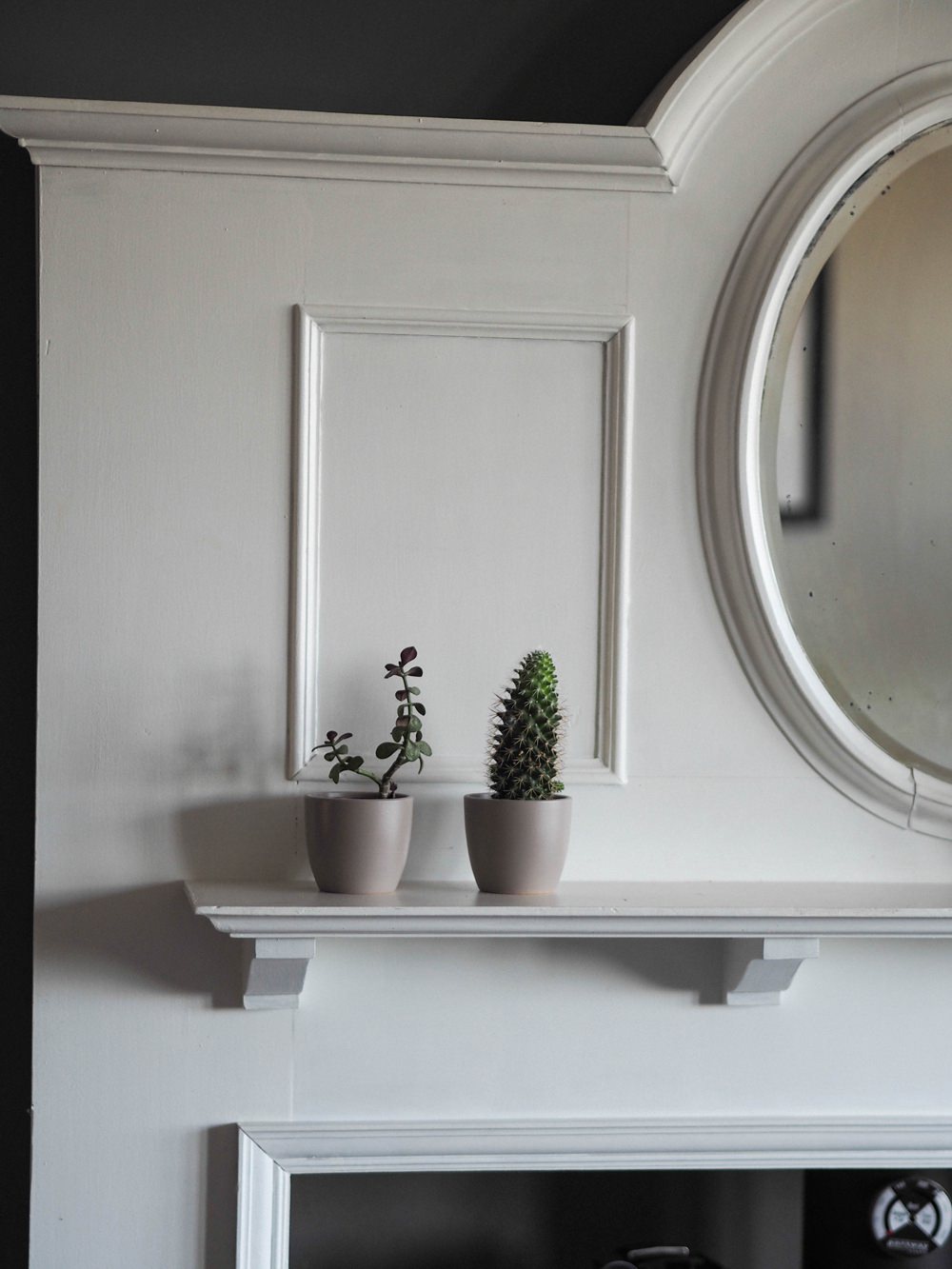 1930s House Living Room Renovation Art Deco Fireplace Mantle Mirror Oval White Log Burner Farrow & Ball Mole's Breath Succulents