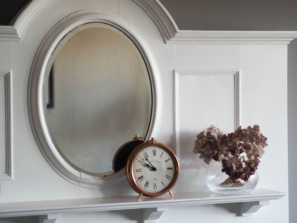 1930s House Living Room Renovation Art Deco Fireplace Mantle Mirror Oval White Log Burner Farrow & Ball Mole's Breath Clock Hydrangeas