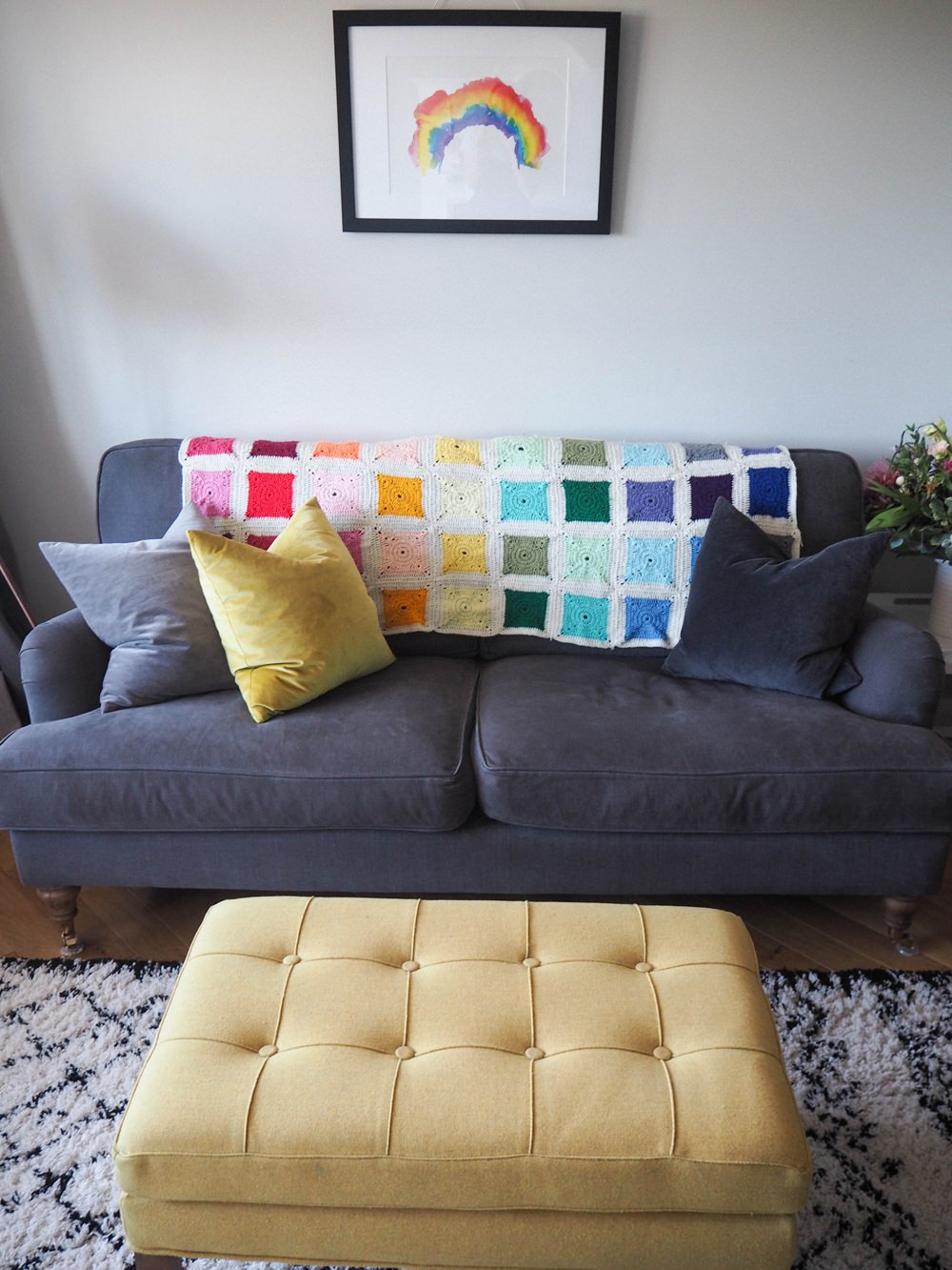 1930s House Living Room Renovation 1930s House Living Room Renovation Velvet Cushions Mustard Yellow Grey Sofa Bluebell Sofa.com Rainbow Crochet Blanket Print Footstool