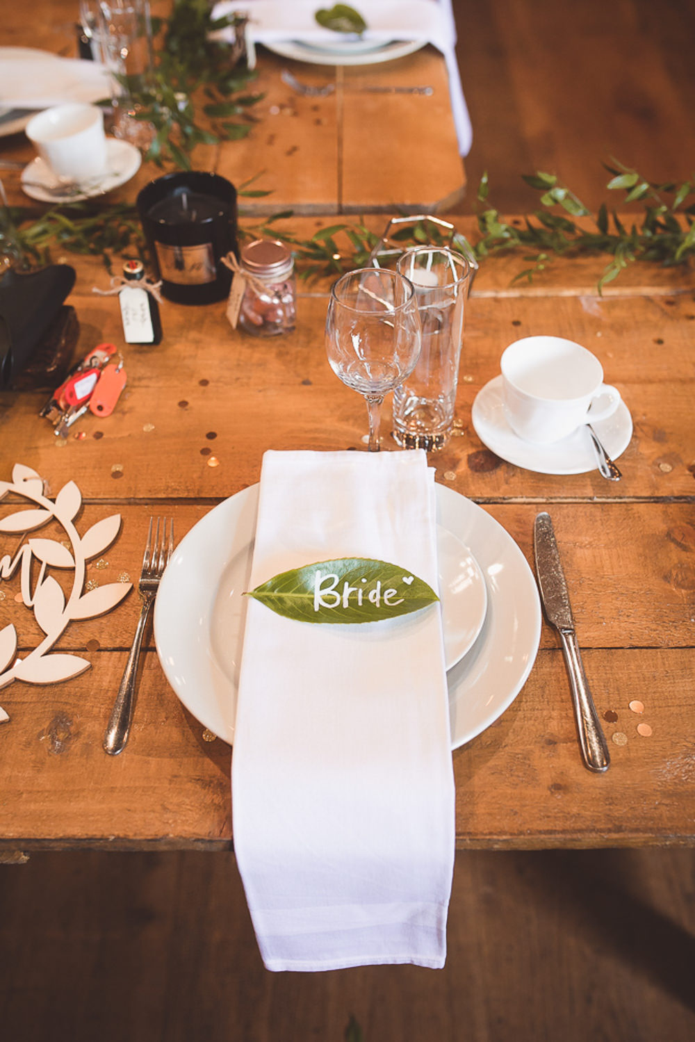 Table Decor Wooden Long Napkins Place Setting Leaf Name Barn Wedding Shropshire Brightwing Photography