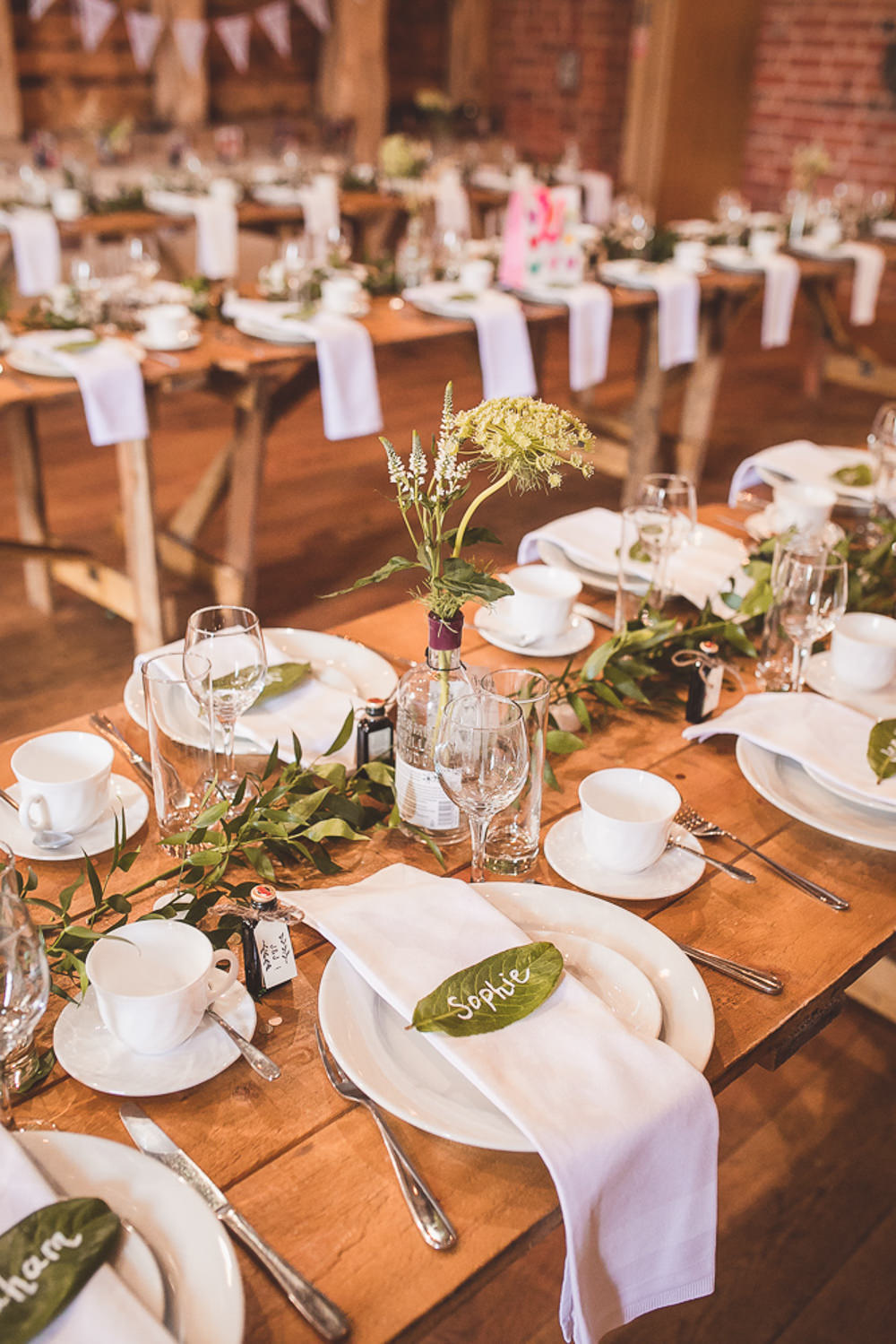 Centrepiece Decor Flowers Bottle Greenery Foliage Barn Wedding Shropshire Brightwing Photography