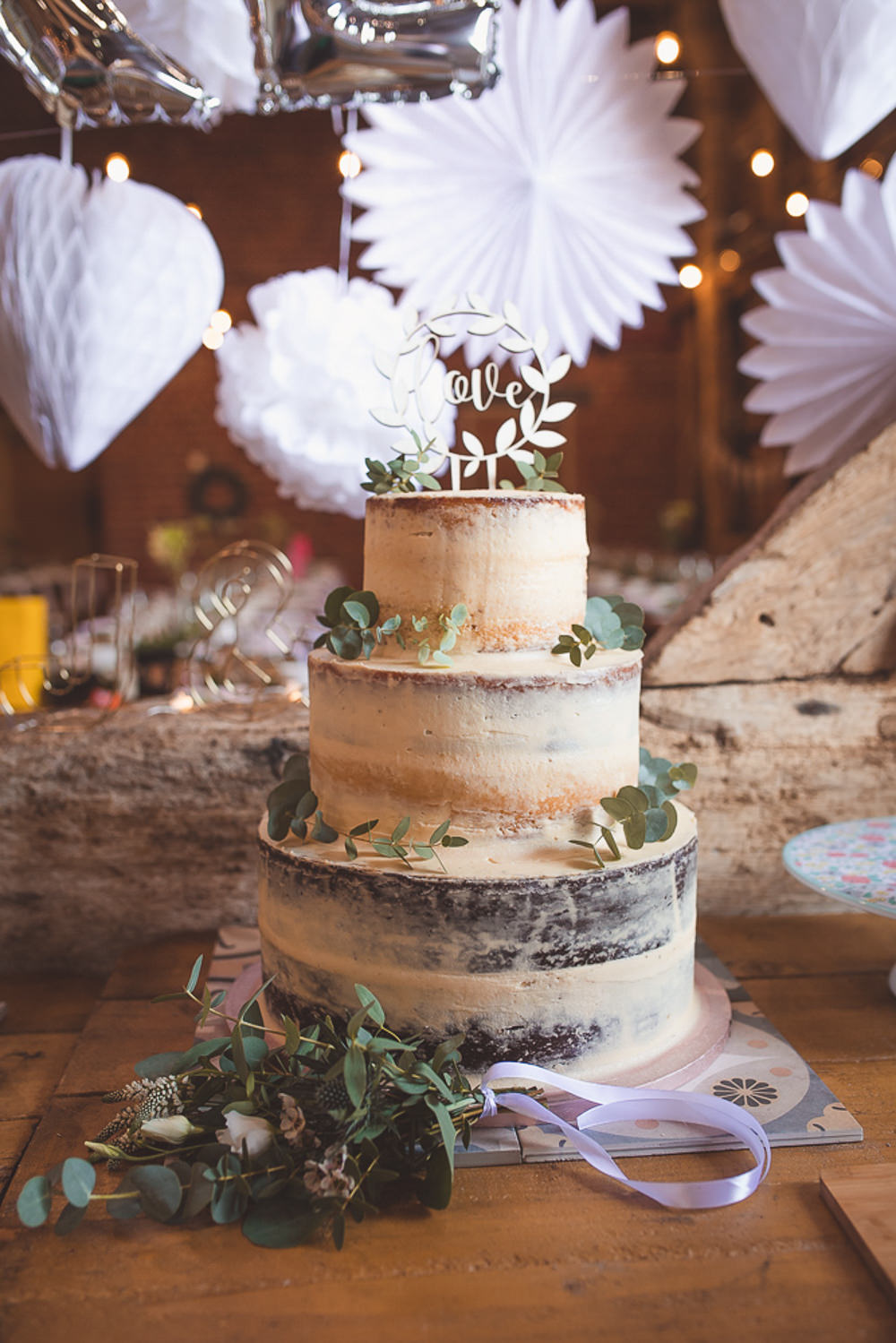 Semi Naked Cake Greenery Foliage Laser Cut Topper Barn Wedding Shropshire Brightwing Photography