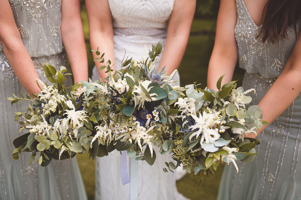 Bouquet Flowers Bride Bridal Bridesmaid Greenery Foliage Astilbe Thistle Barn Wedding Shropshire Brightwing Photography