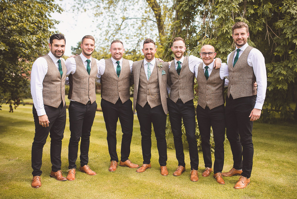 Groom Suit Tweed Waistcoat Tie Groomsmen Chinos Barn Wedding Shropshire Brightwing Photography