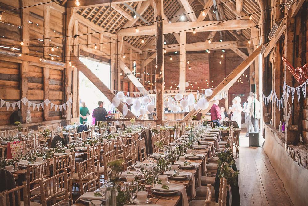 Festoon Lights Long Tables Wooden Decor Decoration Barn Wedding Shropshire Brightwing Photography