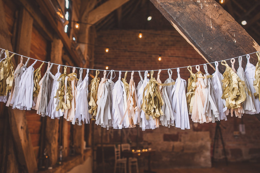 Tassel Garland White Grey Gold Barn Wedding Shropshire Brightwing Photography