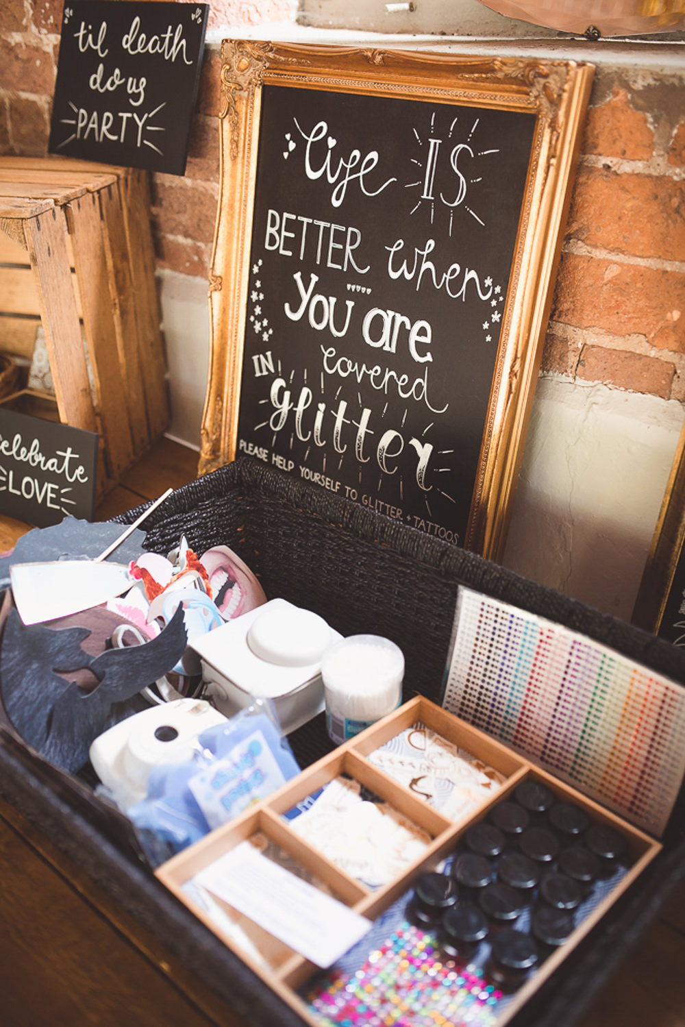 Glitter Station Bar Stand Table Barn Wedding Shropshire Brightwing Photography