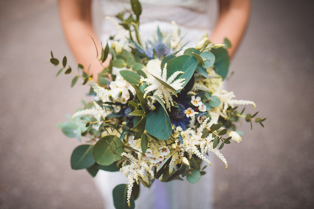 Bouquet Flowers Bride Bridal Bridesmaid Greenery Foliage Astilbe Thistle Barn Wedding Shropshire Brightwing Photography