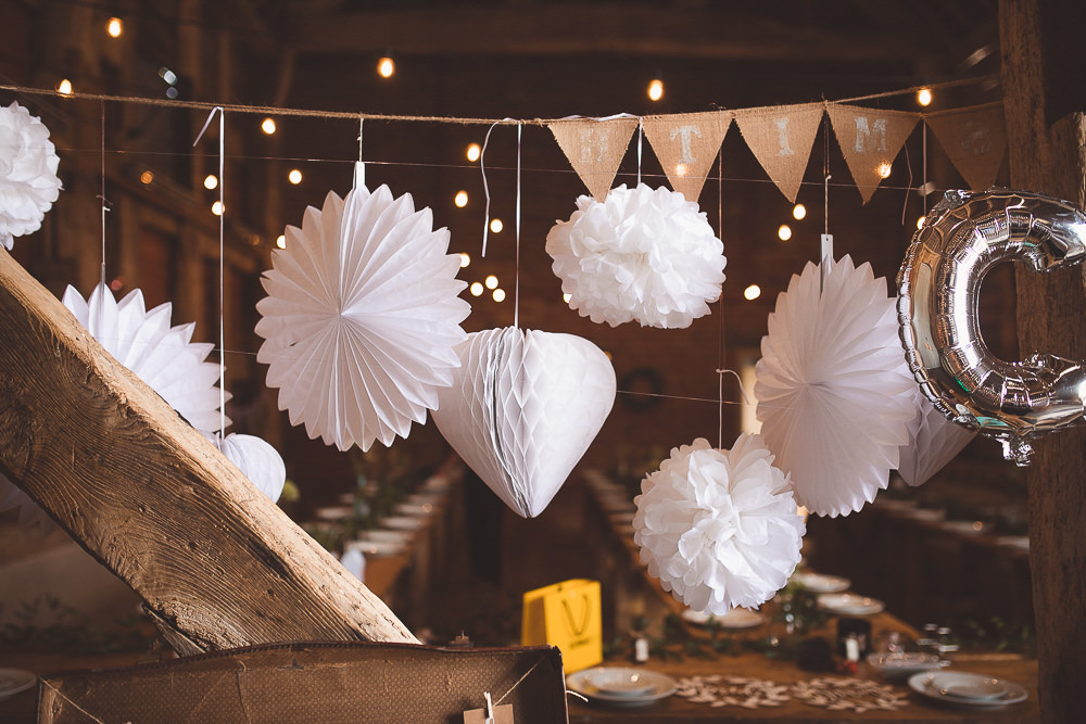 Lanterms Pom Poms Pinwheels Decor Decoration Barn Wedding Shropshire Brightwing Photography