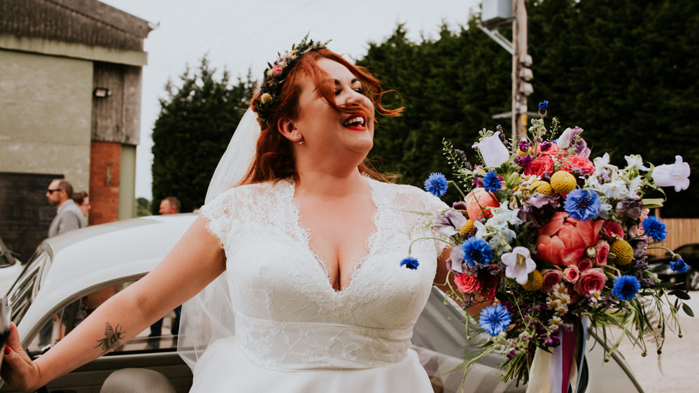 Bride Bridal V Neck Cap Sleeve Tea Length Dress Gown Flower Crown Veil Multicolour Bouquet Bert's Barrow Wedding Shutter Go Click Photography