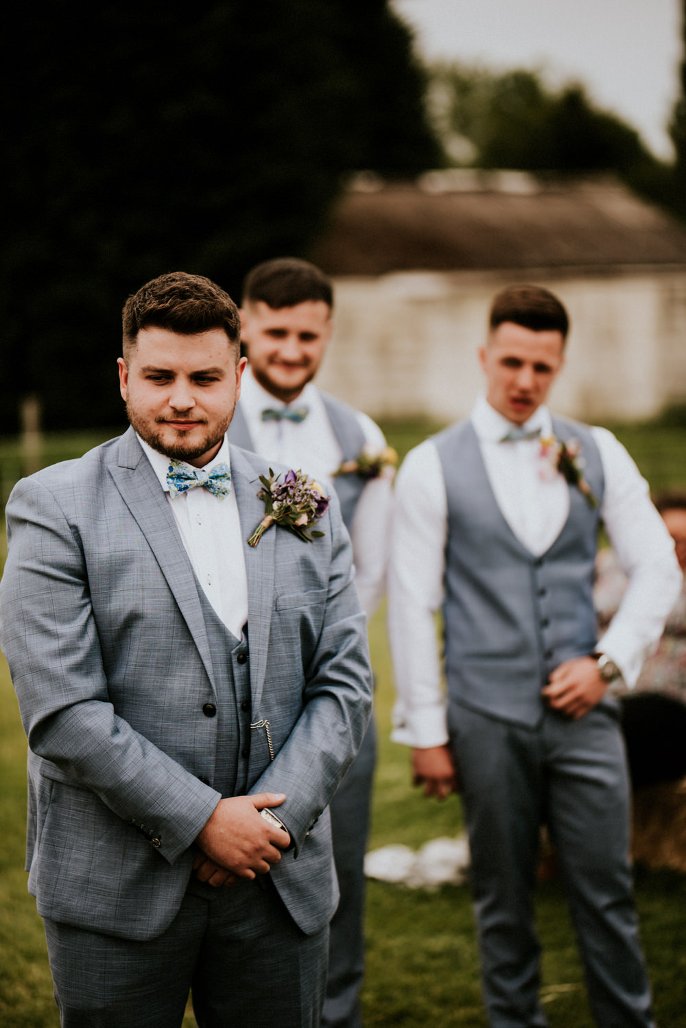 Grey Blue Three Piece Suit Groom Waistcoat Bow Tie Bert's Barrow Wedding Shutter Go Click Photography
