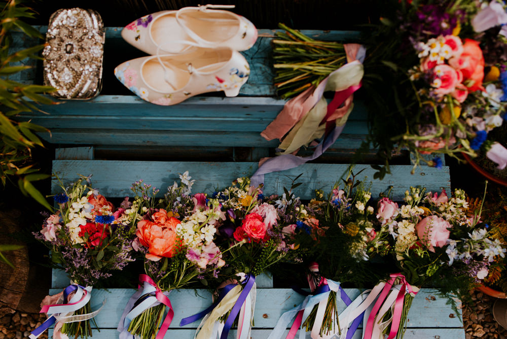 Colourful Bouquet Multicolour Ribbon Handpainted Shoes Bride Bridal Bridesmaids Bert's Barrow Wedding Shutter Go Click Photography