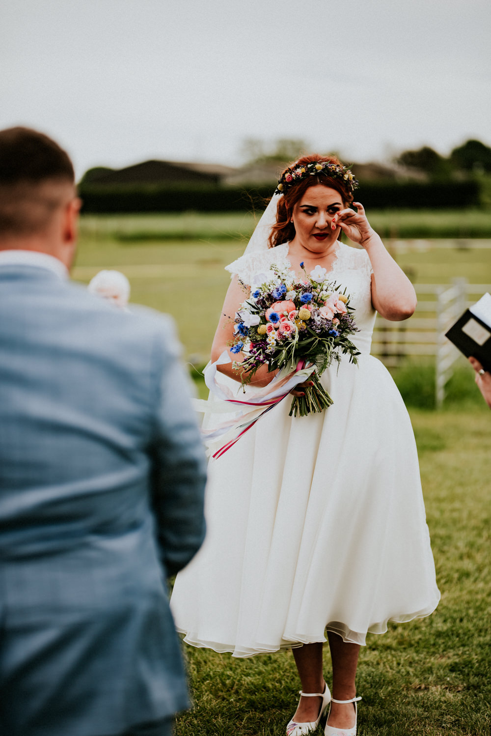 Bride Bridal V Neck Cap Sleeve Tea Length Dress Gown Flower Crown Veil Multicolour Bouquet Bert's Barrow Wedding Shutter Go Click Photography