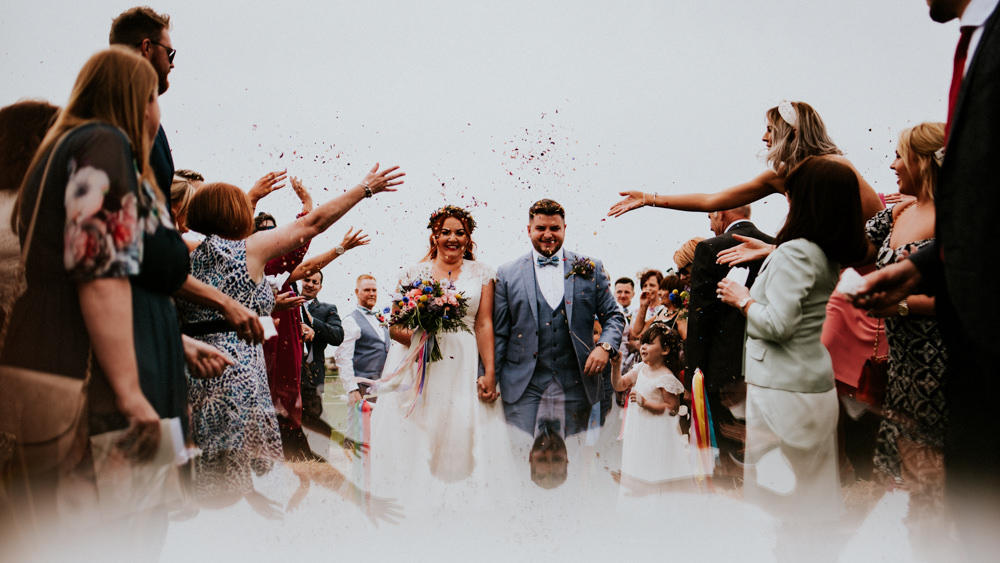 Bride Bridal V Neck Cap Sleeve Tea Length Dress Gown Flower Crown Blue Grey Suit Groom Waistcoat Bow Tie Confetti Bert's Barrow Wedding Shutter Go Click Photography