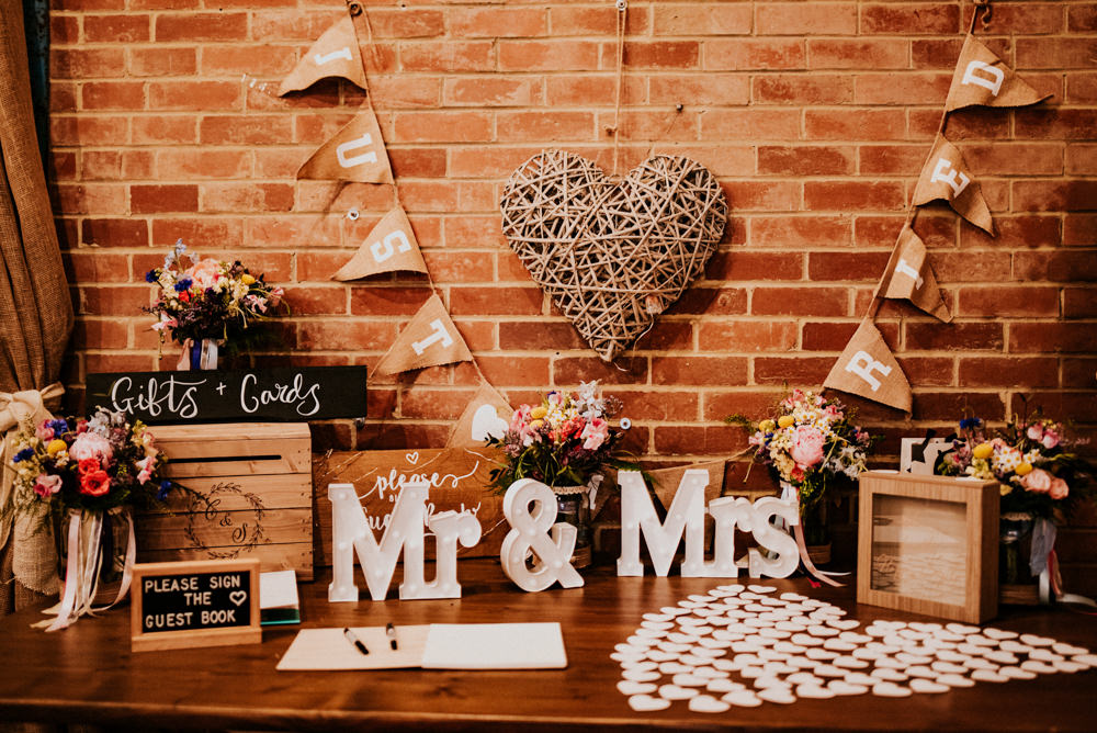 Gift Table Guest Book Hessian Bunting Wooden Crate Chalkboard Hearts Mr & Mrs Bert's Barrow Wedding Shutter Go Click Photography
