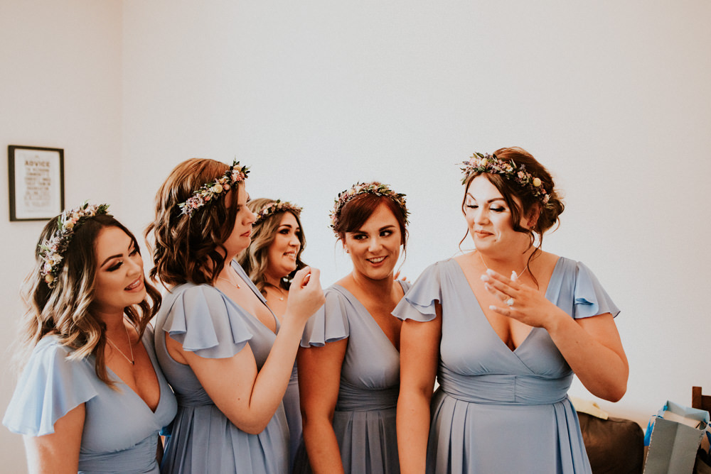 Wrap Cap Sleeve Blue Bridesmaids Dresses Flower Crown Bert's Barrow Wedding Shutter Go Click Photography