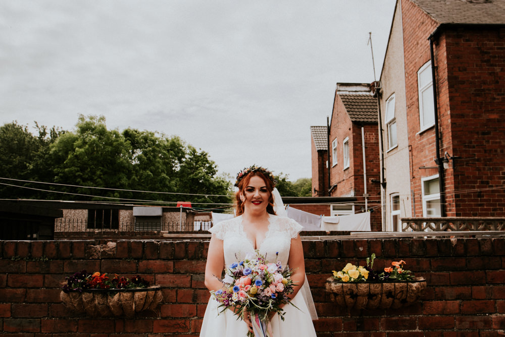 Bride Bridal V Neck Cap Sleeve Tea Length Dress Gown Flower Crown Veil Multicolour Bouquet Bert's Barrow Wedding Shutter Go Click Photography