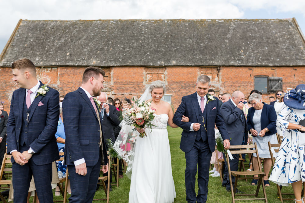 Bride Bridal Dress Gown Sweetheart Neckline Three Piece Suit Tweed Waistcoat Groom Veil Botanical Barn Wedding Heather Jackson Photography