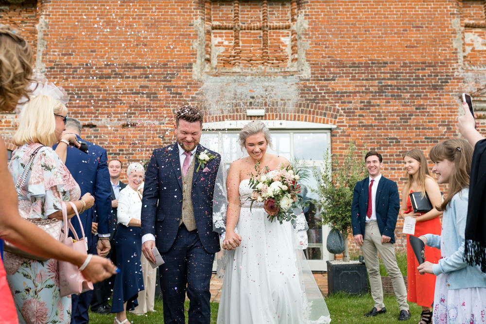 Bride Bridal Dress Gown Sweetheart Neckline Three Piece Suit Tweed Waistcoat Groom Veil Botanical Barn Wedding Heather Jackson Photography