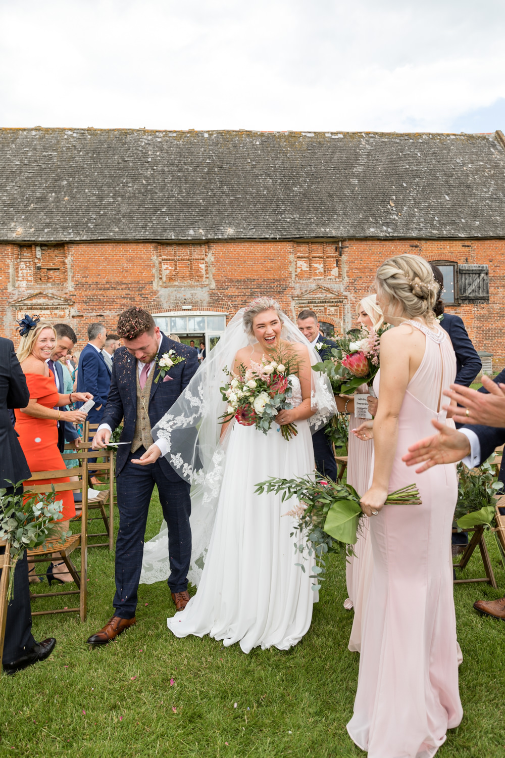 Bride Bridal Dress Gown Sweetheart Neckline Three Piece Suit Tweed Waistcoat Groom Veil Botanical Barn Wedding Heather Jackson Photography