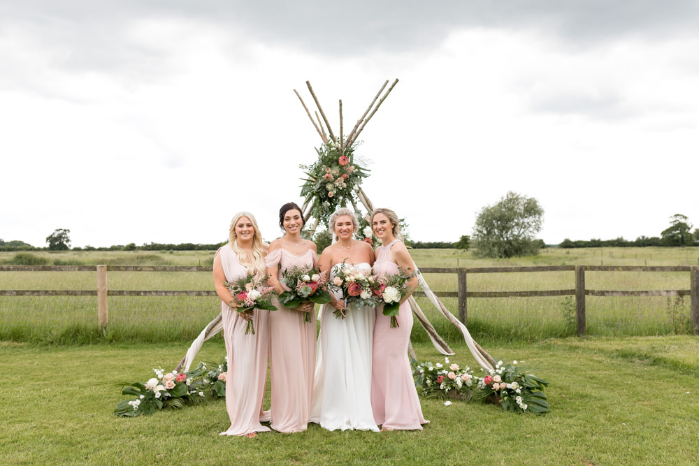 Bride Bridal Dress Gown Sweetheart Neckline Pink Mismatched Bridesmaids Naked Tipi Veil Botanical Barn Wedding Heather Jackson Photography