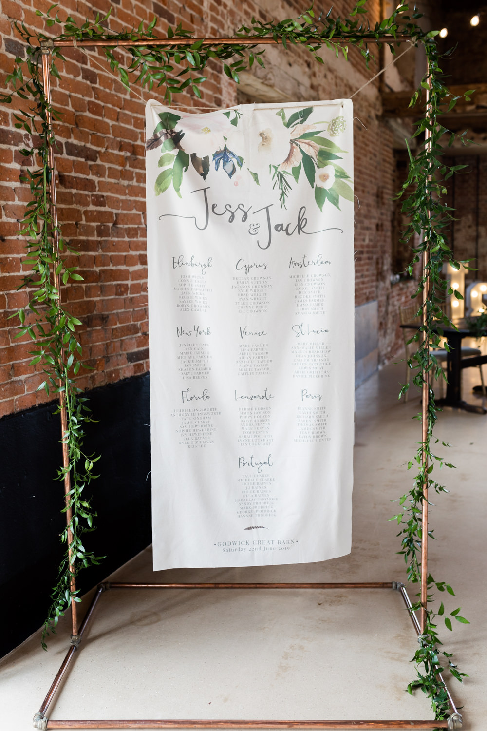 Table Plan Seating Chart Copper Frame Printed Fabric Calligraphy Botanical Barn Wedding Heather Jackson Photography